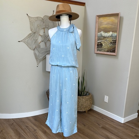 Anthropologie Cloth & Stone High Neck Chambray Wide Leg Jumpsuit - Picture 1 of 9
